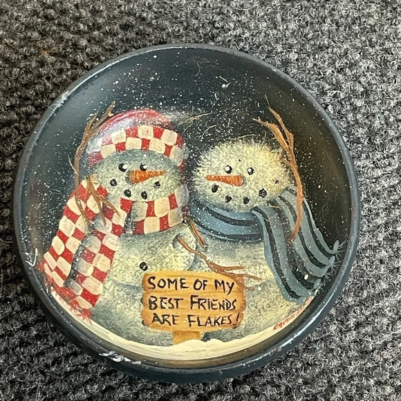 Other - Snowman Wooden Teakwood Bowl Handpainted